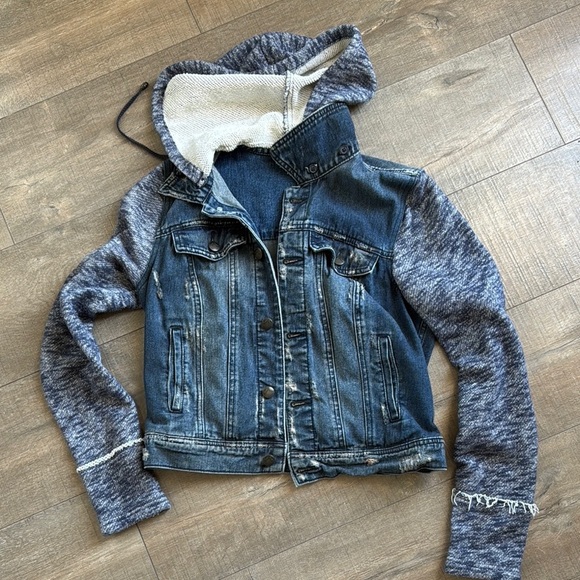 Free People Distressed Denim and Knit Hooded Jacket - Picture 2 of 8